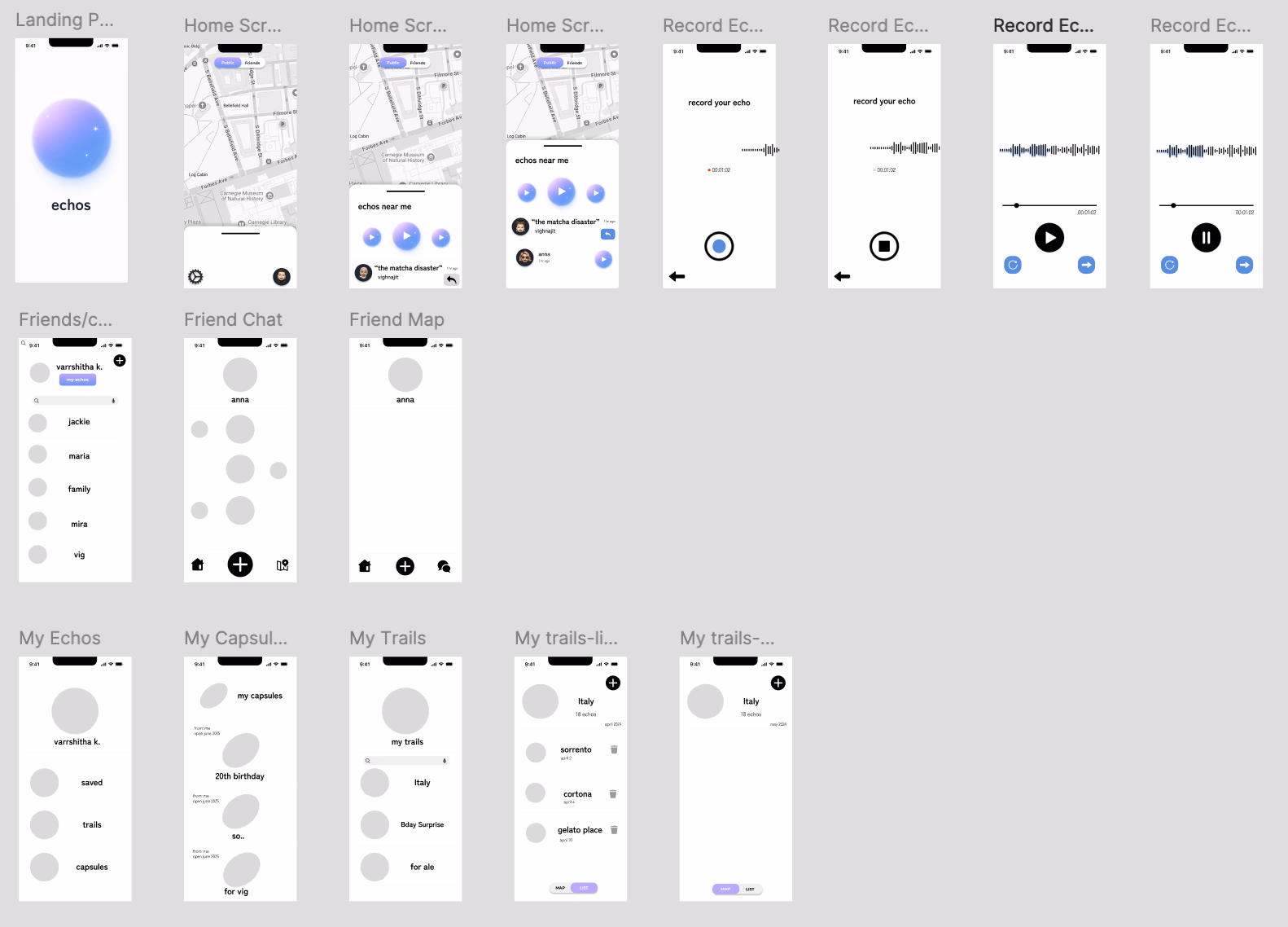 Echos — wireframes low-fid